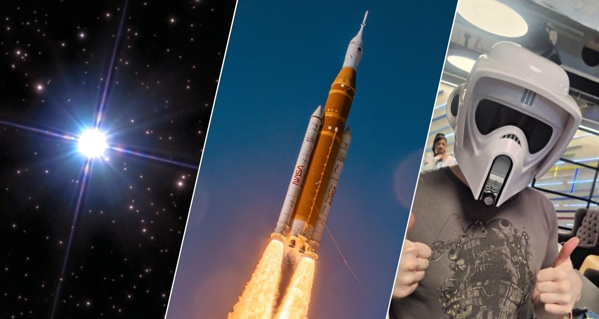 A vertical three panel image with the left showing a bright blue-white star glowing in deep space, the middle shows the Artemis 2 rocket and the right a man in a stormtrooper helmet,