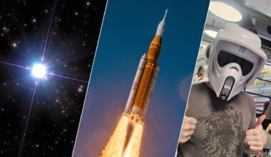 A vertical three panel image with the left showing a bright blue-white star glowing in deep space, the middle shows the Artemis 2 rocket and the right a man in a stormtrooper helmet,