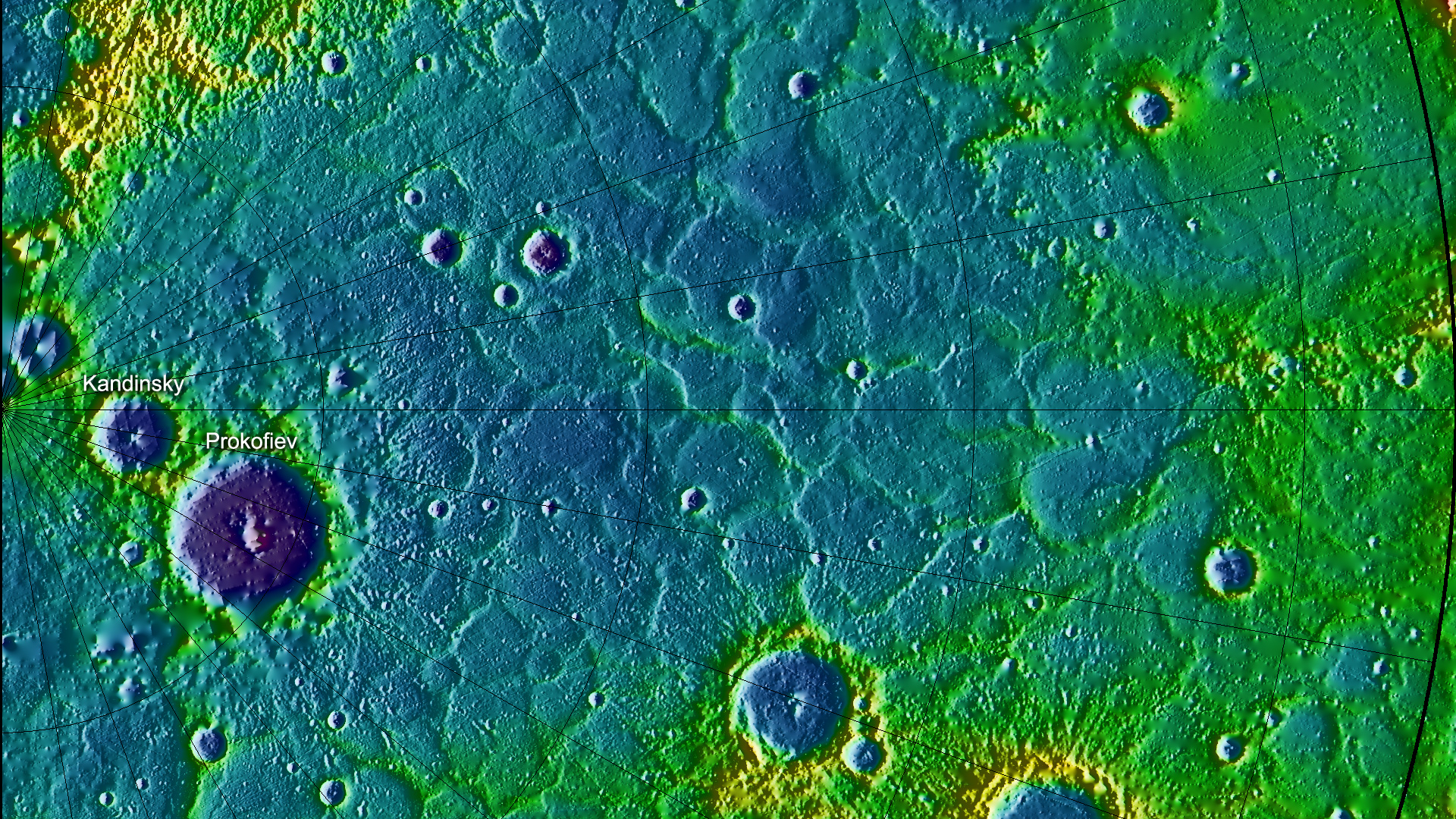 craters on a rough surface are false-colored in blues and greens