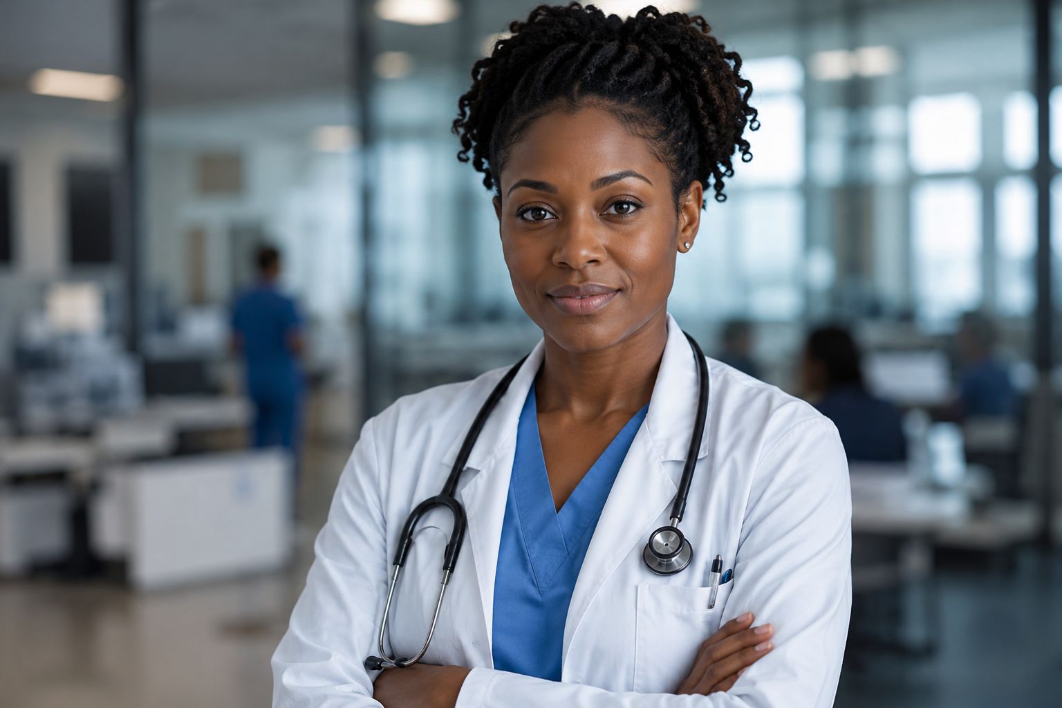 An AI-generated photo of a professional Black female healthcare worker sitting at a desk with a stethoscope, representing a medical expert delivering a public health advisory.
