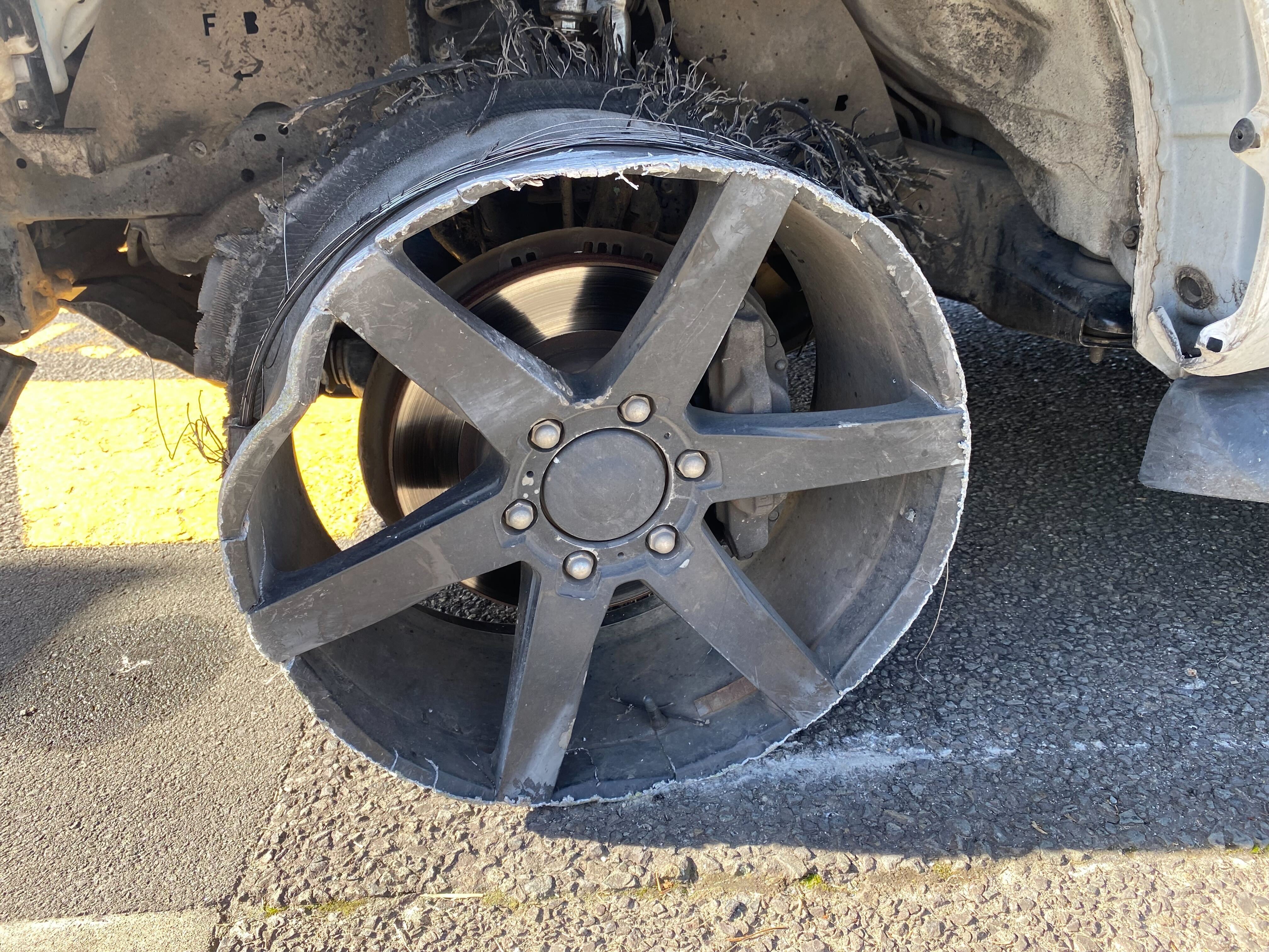 The wheel of the vehicle spiked by police. Photo / Rosalie Liddle Crawford