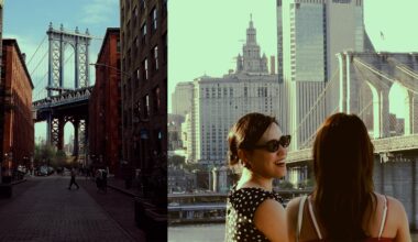 Split image: On the left, a view of the Manhattan Bridge framed by red brick buildings. On the right, two women face the Brooklyn Bridge and city skyline, one smiling and wearing sunglasses.