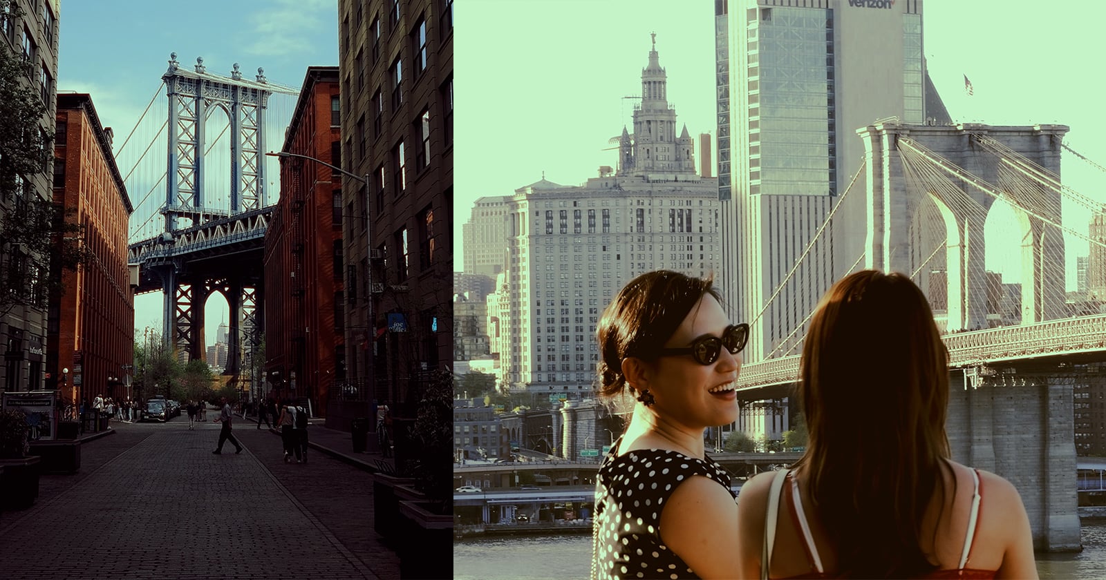 Split image: On the left, a view of the Manhattan Bridge framed by red brick buildings. On the right, two women face the Brooklyn Bridge and city skyline, one smiling and wearing sunglasses.