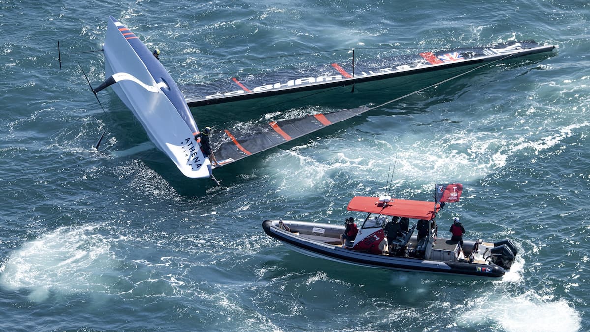 America’s Cup: Athena Pathway capsize during practice racing for preliminary regatta in Cagliari