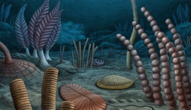 An illustration of an ancient sea bed, with various shaped plants along the gray seafloor.