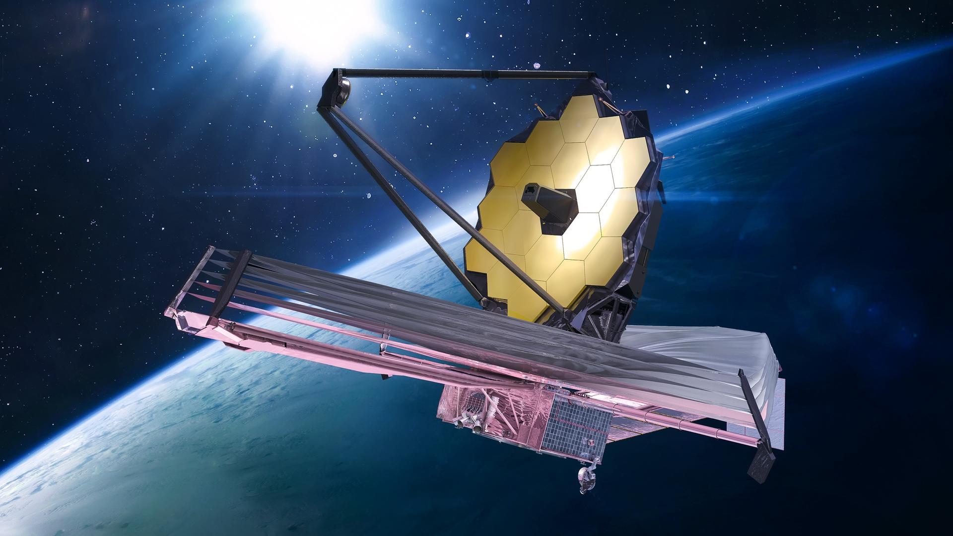 An illustration of a space telescope with hexagonal panels floating in space.