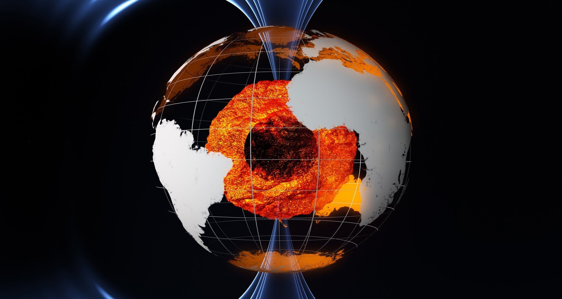 Earth’s magnetic field is thought to be generated largely by an ocean of superheated, swirling liquid iron that makes up Earth’s outer core. That activity generates electric currents and thus the continuously changing electromagnetic field. Courtesy SA/AOES Medialab