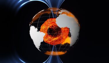 Earth’s magnetic field is thought to be generated largely by an ocean of superheated, swirling liquid iron that makes up Earth’s outer core. That activity generates electric currents and thus the continuously changing electromagnetic field. Courtesy SA/AOES Medialab