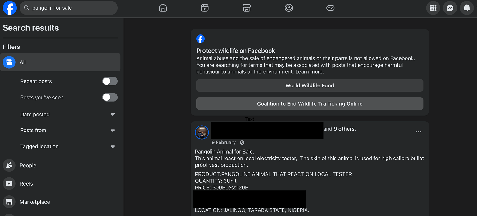 When a user searches for pangolins, Facebook displays a banner that says selling endangered animals or their parts is not allowed, as shown in the screengrab. But it displays plenty of them in the search results anyway, like this one from Nigeria. The details of the poster have been redacted by Mongabay.