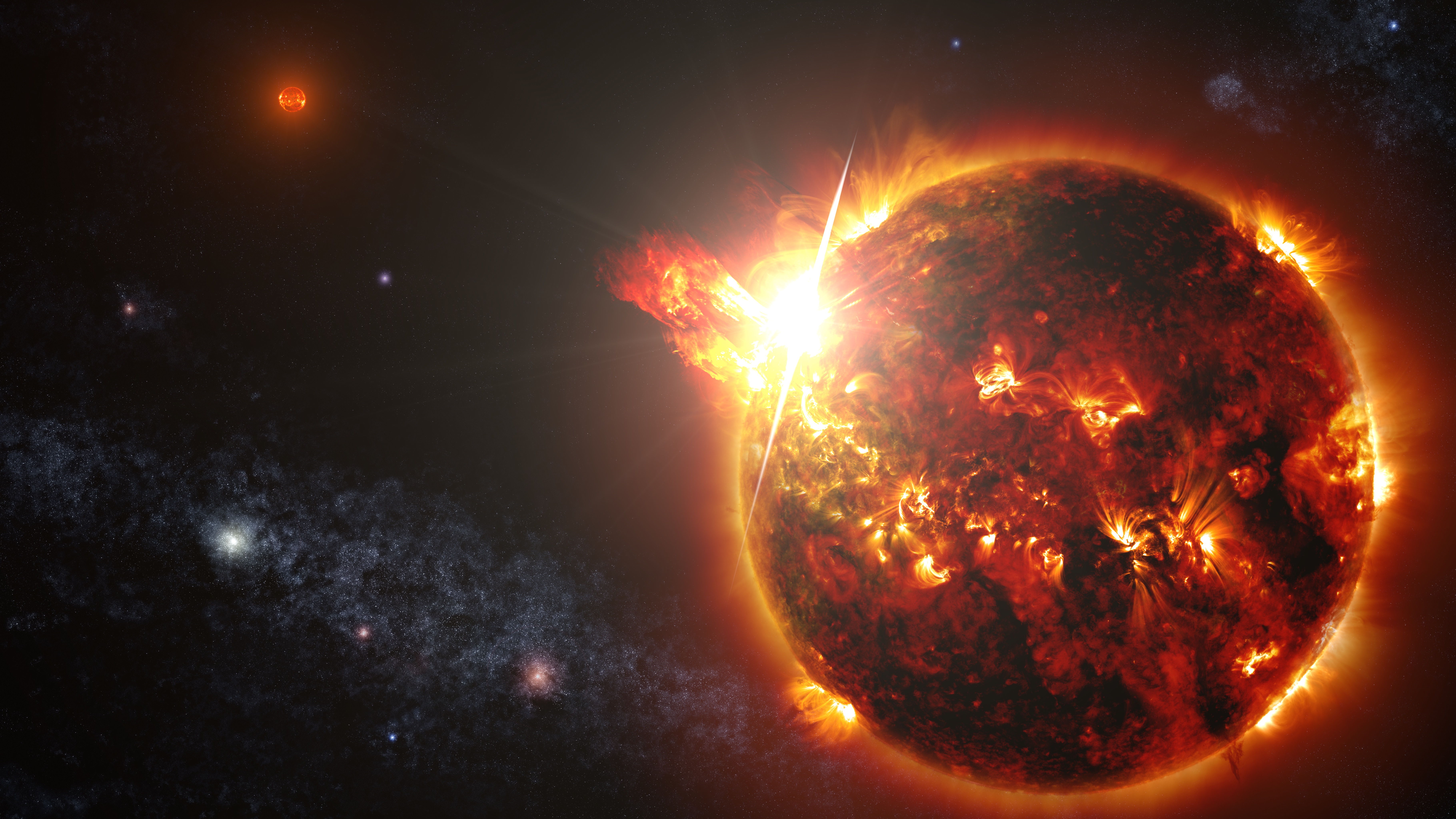An illustration of a hot star shooting out a yellow flare from its left side.