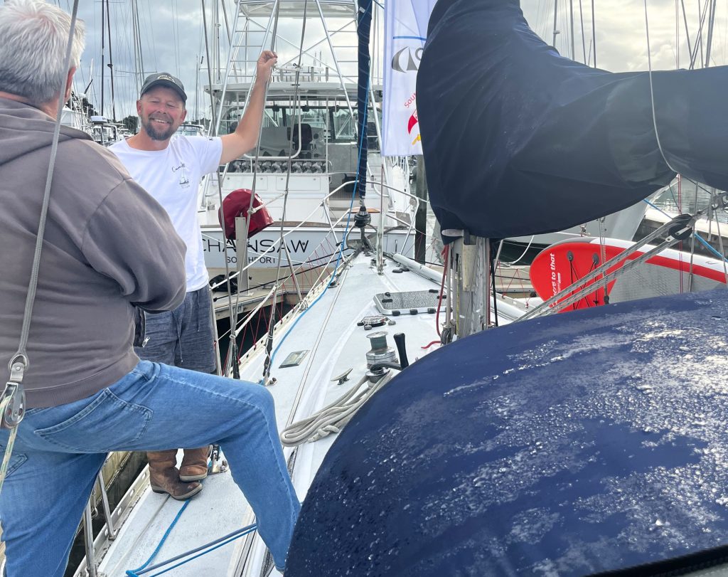 Ben Ball chatting with Boating New Zealand onboard Camellia, his 1976 Cavalier 36. // Photo credit: Boating New Zealand