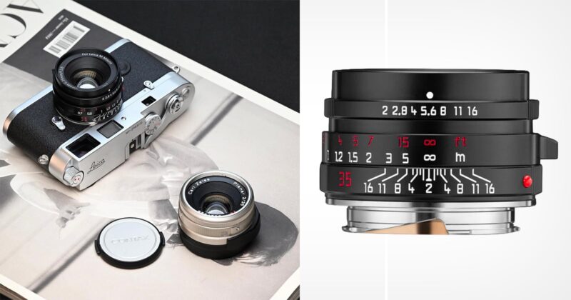 A Leica film camera with a mounted lens sits on a magazine beside a silver lens and a lens cap. Next to it is a close-up of a camera lens showing detailed focus and aperture markings.