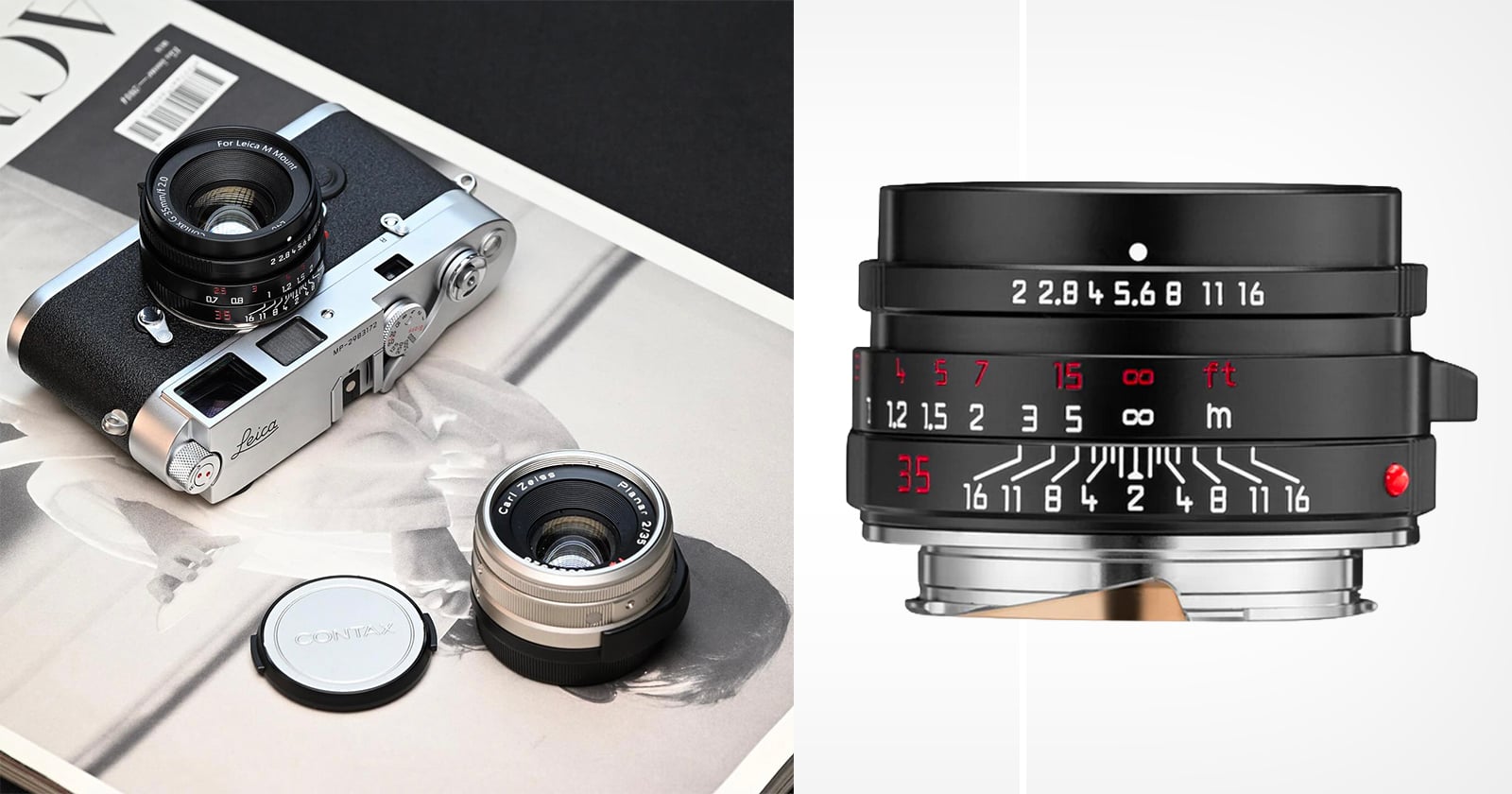 A Leica film camera with a mounted lens sits on a magazine beside a silver lens and a lens cap. Next to it is a close-up of a camera lens showing detailed focus and aperture markings.