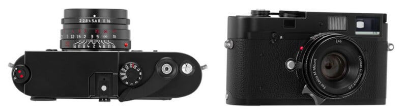 Two views of a black Leica rangefinder camera: the top view shows dials and lens markings, while the front view displays the lens and camera body with textured grip.