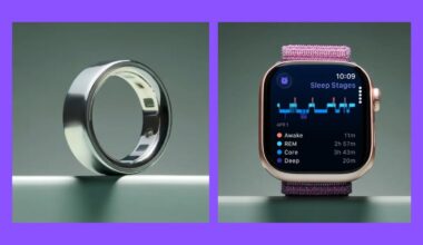 Silver Oura Ring on a teal studio background (left). Apple Watch 10 with purple fabric strap on teal studio background (right).