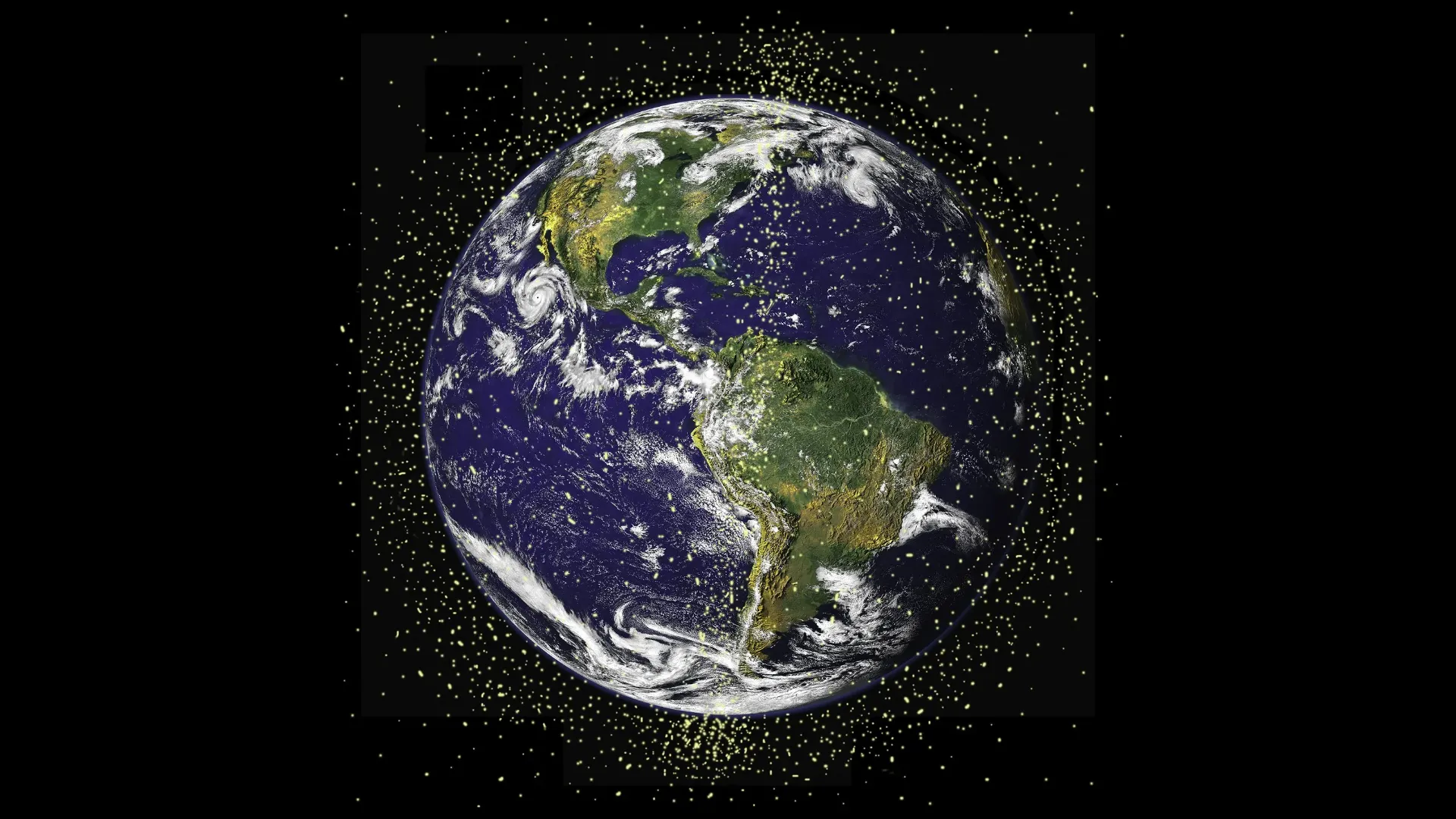 A depiction of Earth with lots of little dots around it to show debris.