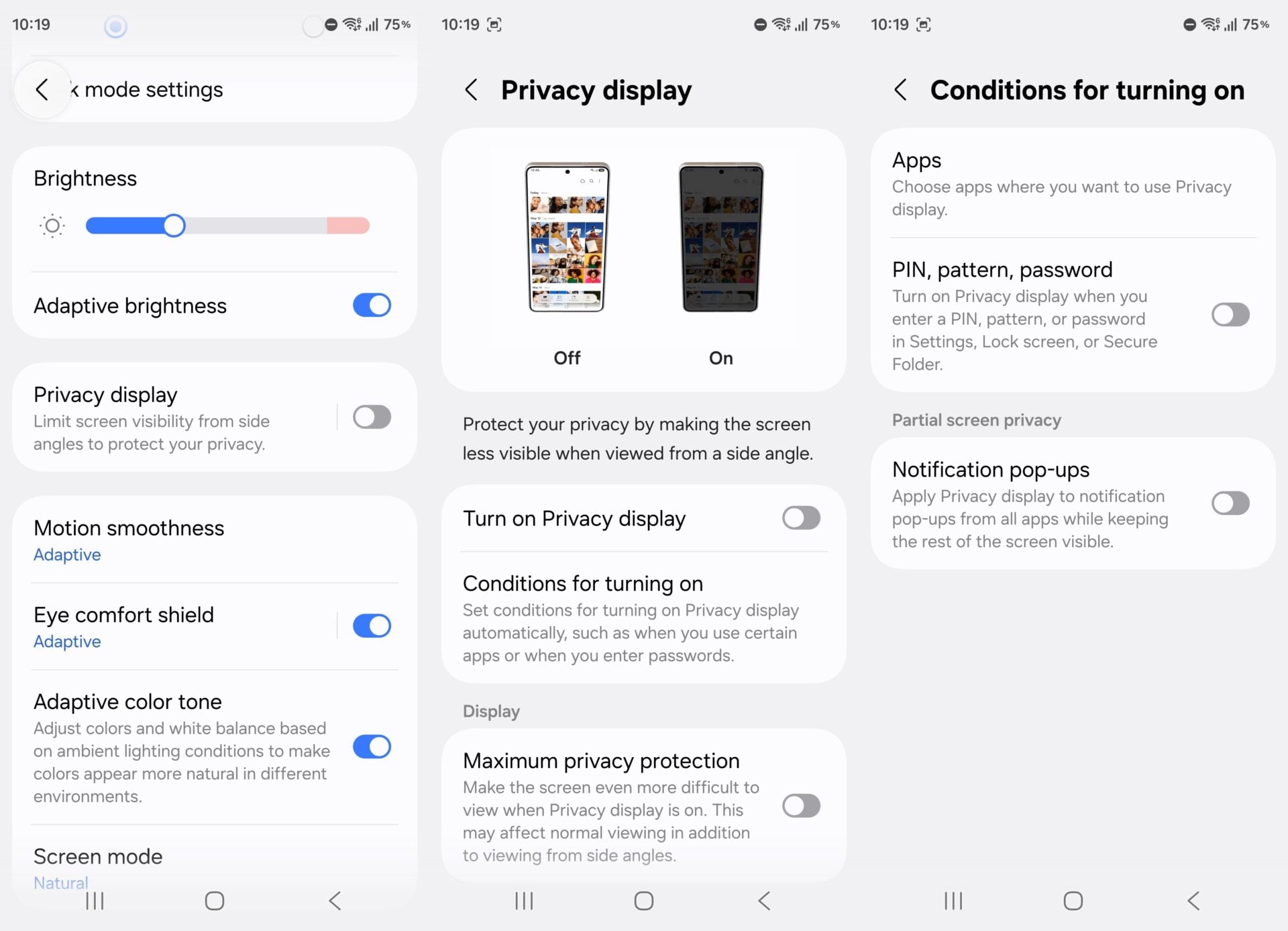 setting up conditions for turning on privacy display