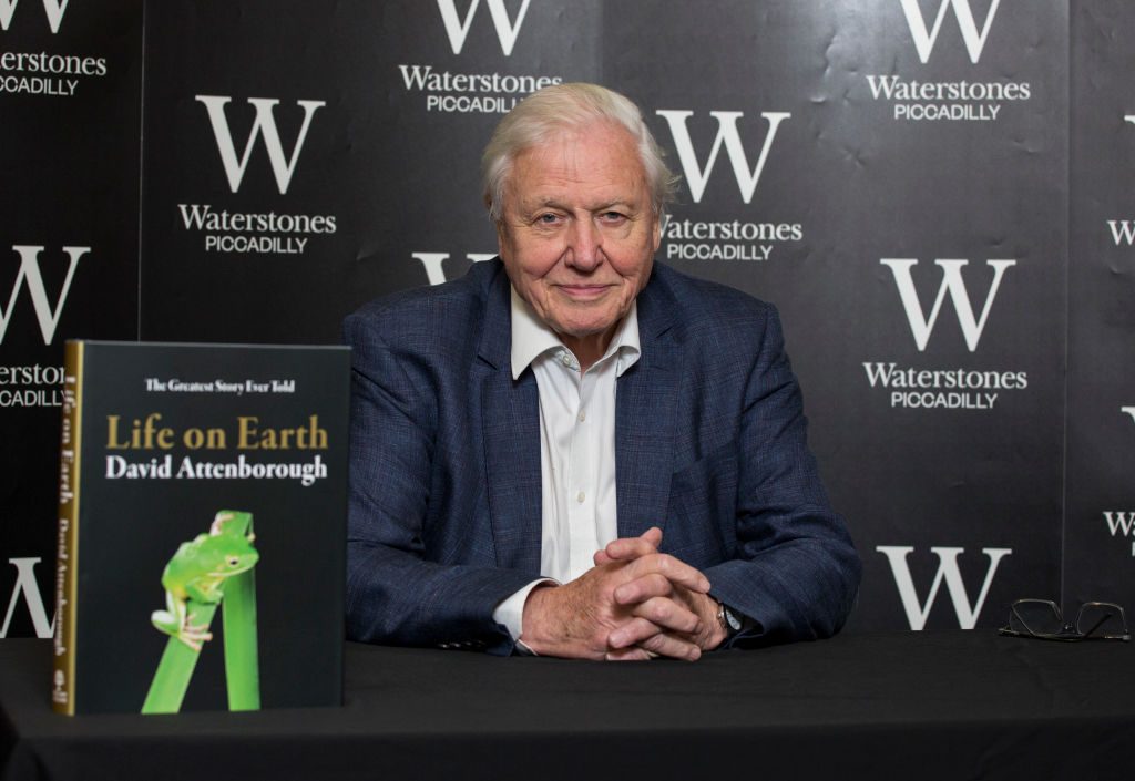LONDON, ENGLAND - OCTOBER 02: Sir David Attenborough attends a photocall ahead of signing copies of the 40th anniversary edition of "Life on Earth" at Waterstones Piccadilly on October 2, 2018 in London, England. (Photo by John Phillips/Getty Images)