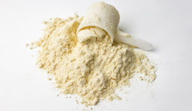 A photo of protein powder with a plastic scoop on a white background