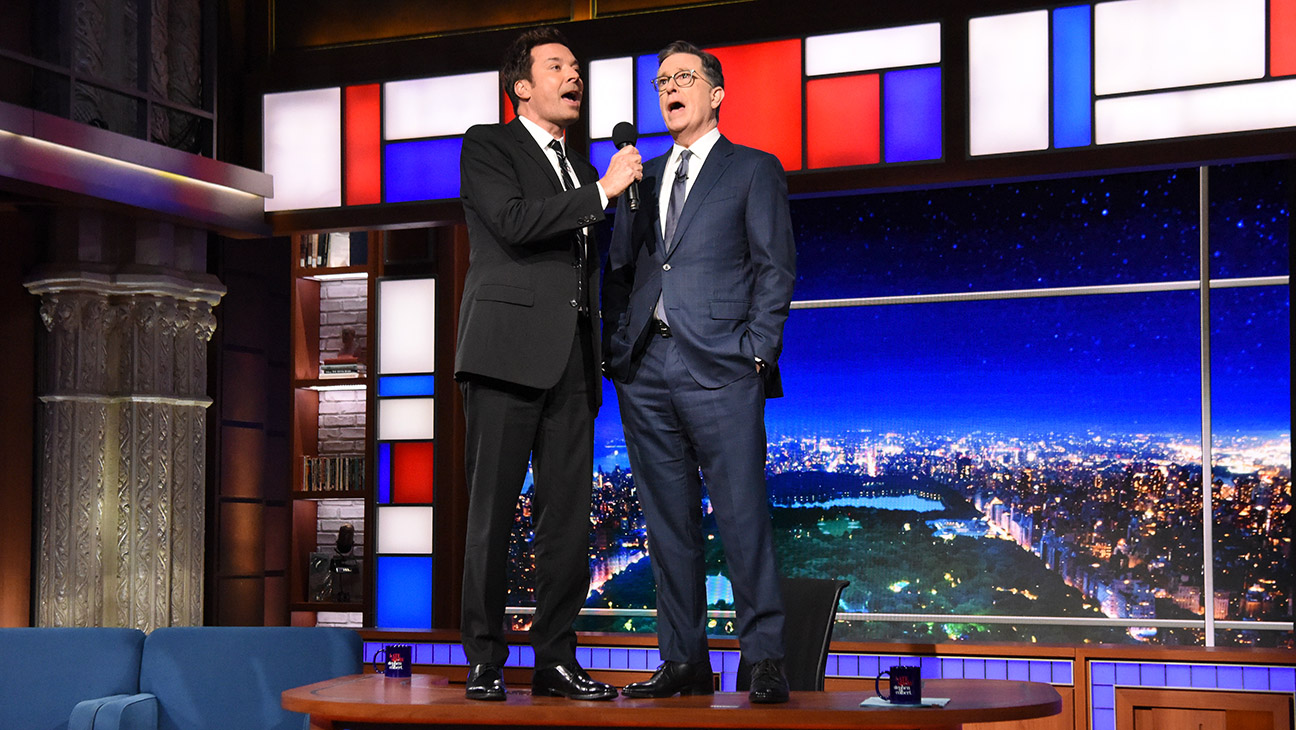 Jimmy Fallon and Stephen Colbert on the CBS series The Late Show with Stephen Colbert.