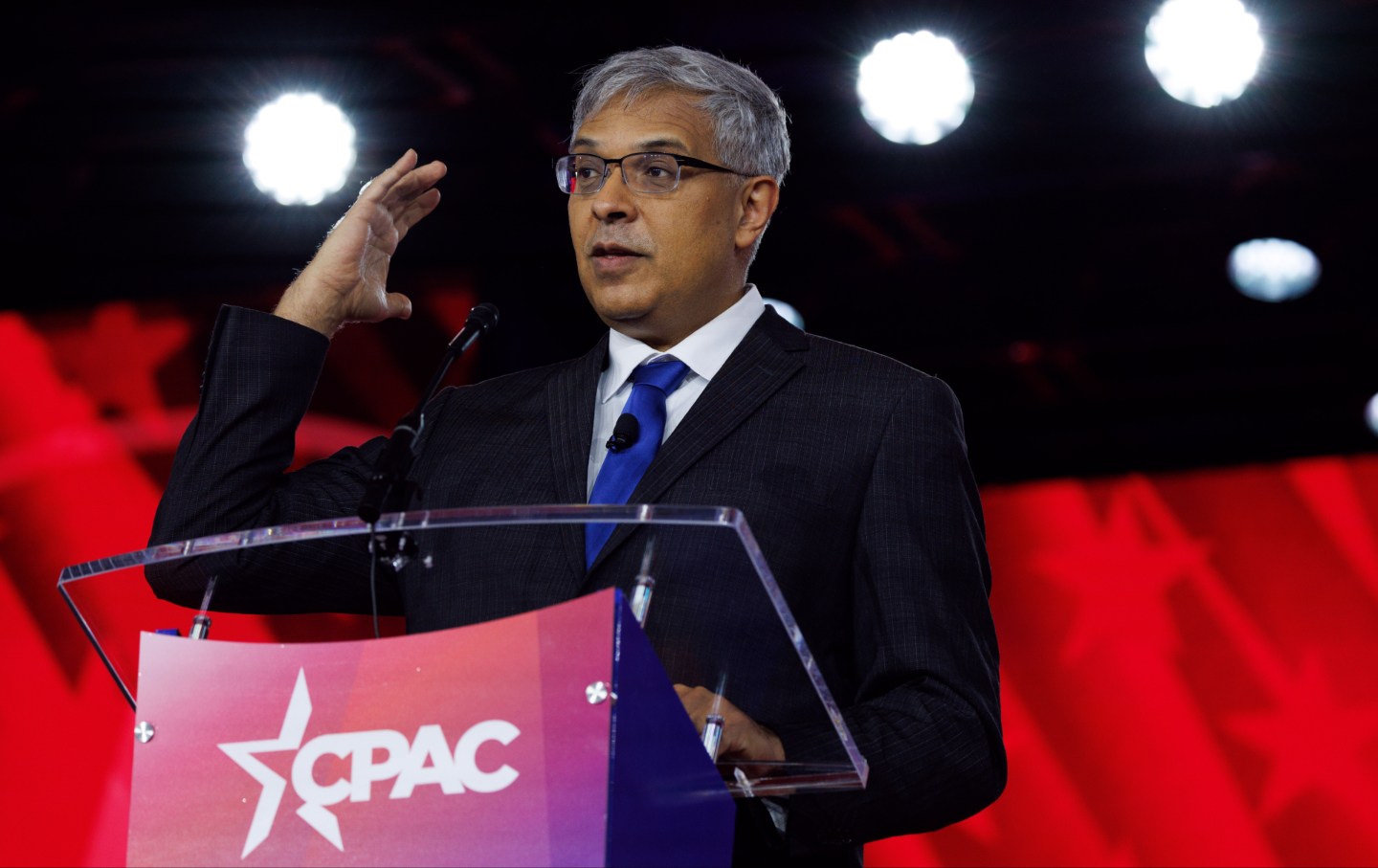 Jayanta Bhattacharya, director of the US National Institutes of Health, speaks during the Conservative Political Action Conference in Grapevine, Texas, on Saturday, March 28, 2026.