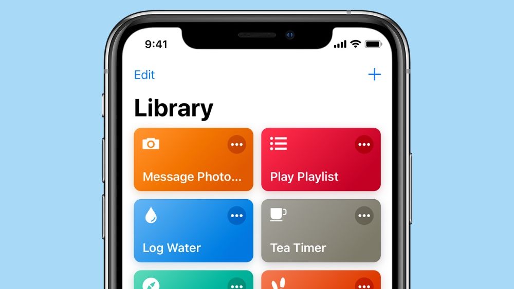 Image of the Shortcuts app open on an iPhone on a blue background