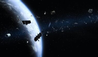 An illustration of Earth with lots of random satellite parts in its orbit.