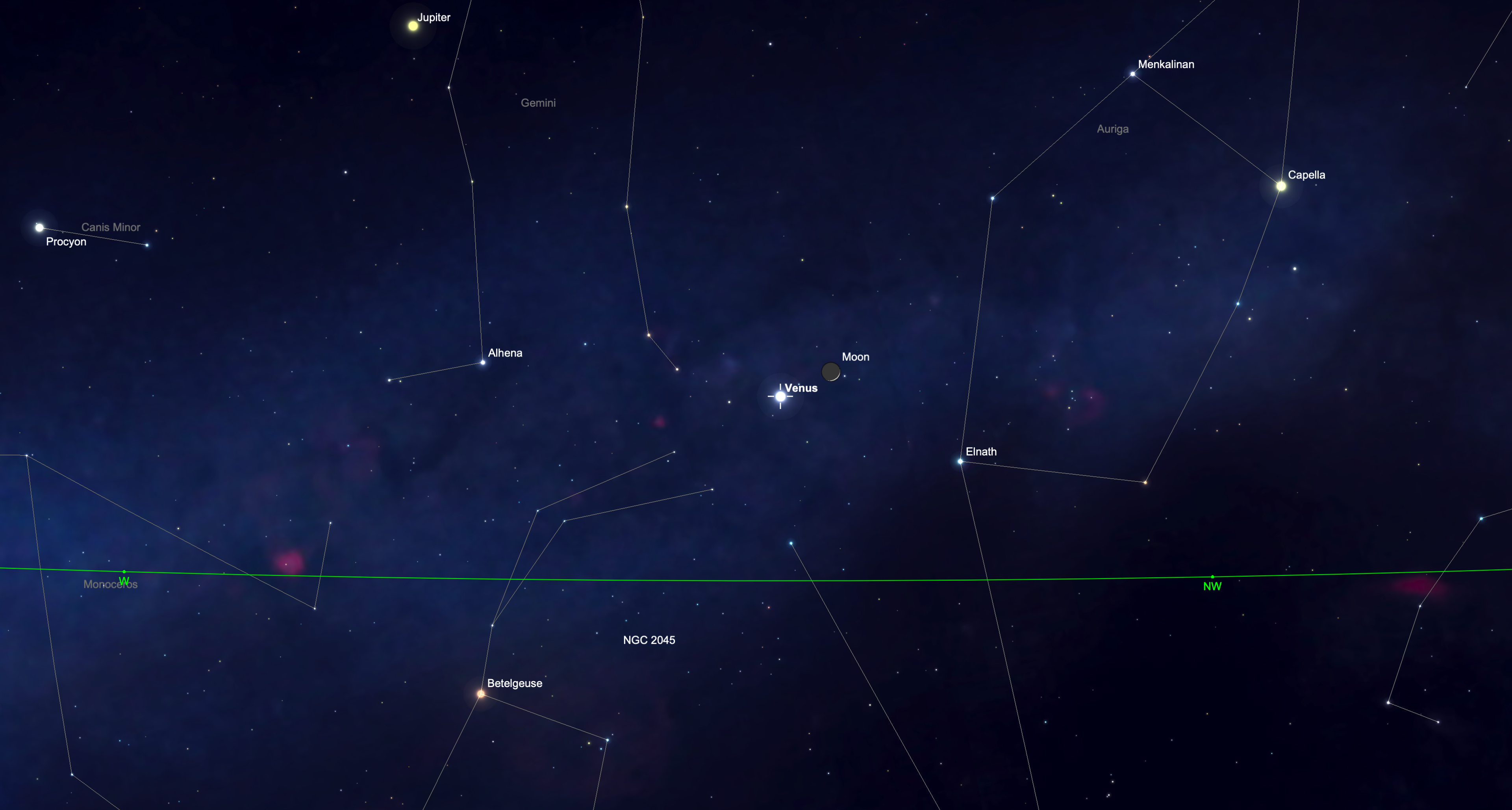 night sky map showing the moon shining close to Venus.