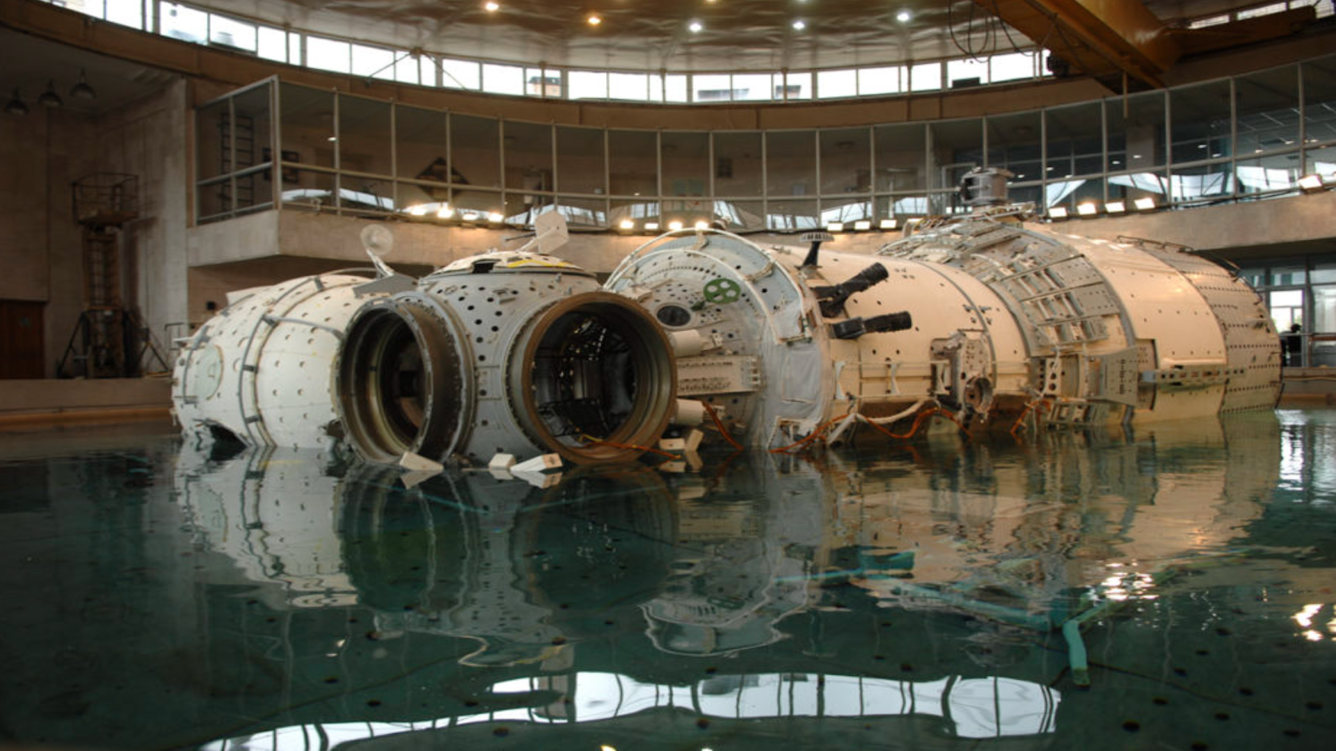 a spacecraft mock-up in a hydro lab