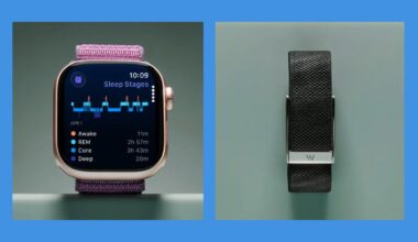 Rose gold Apple Watch with purple strap on sage green studio background (left). Black fabric Whoop fitness tracker with silver clasp on sage green studio background (right)