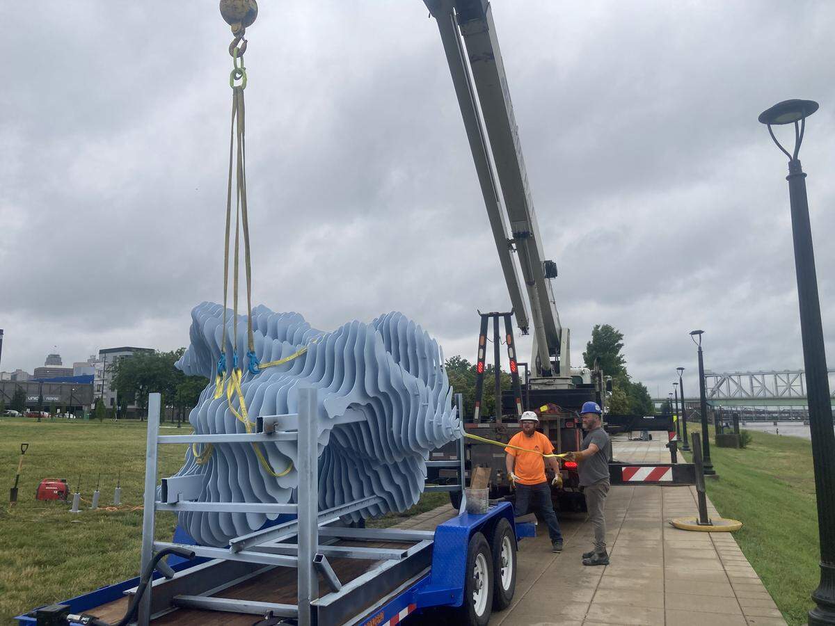 A new sculpture, “Rivercloud,” lies on a trailer just prior to be hoisted by crane into place at Berkley Riverfront Park on Friday, May 29, 2026.