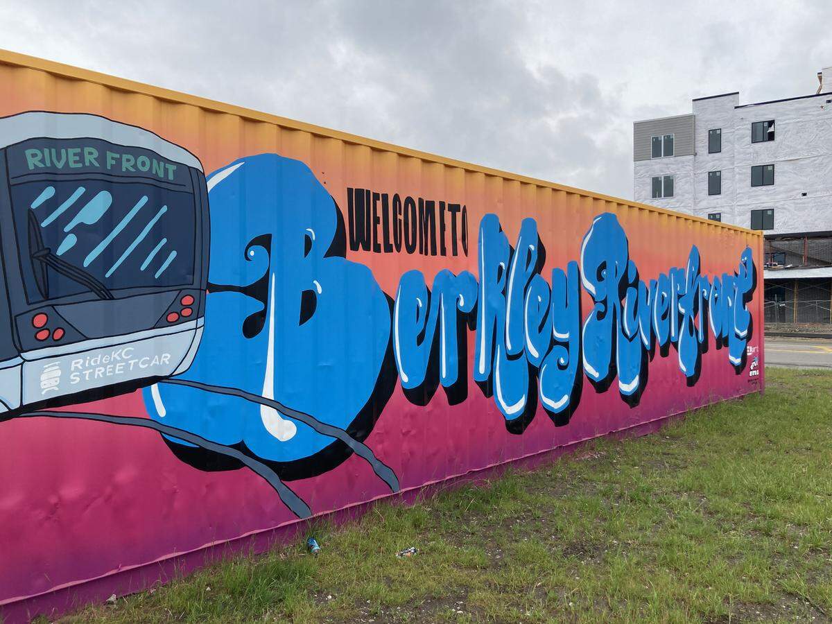 A mural welcoming visitors to Berkley Riverfront Park was completed just before the new riverfront extension of the Kansas City streetcar was opened on May 18, 2026.