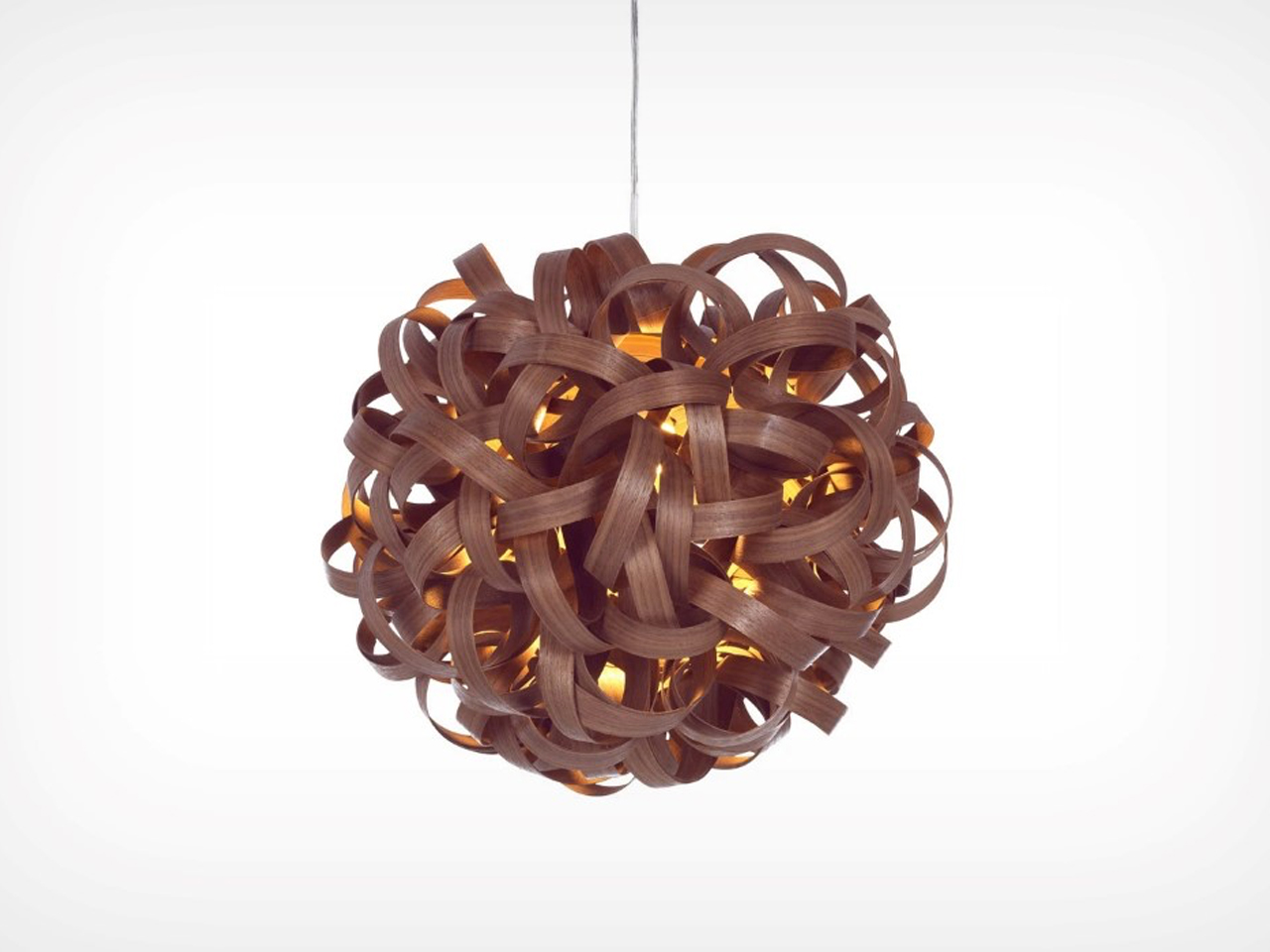 Tangled brown wooden ball pendant lamp glowing from within, hanging from a cord.