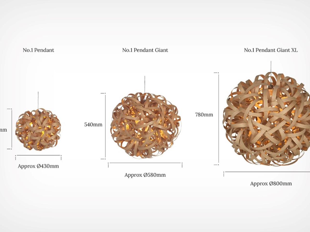 Diagram showing three woven spherical pendant lights: No.1 Pendant (Ø430mm), No.1 Pendant Giant (Ø580mm), No.1 Pendant Giant XL (Ø800mm) with height measurements.