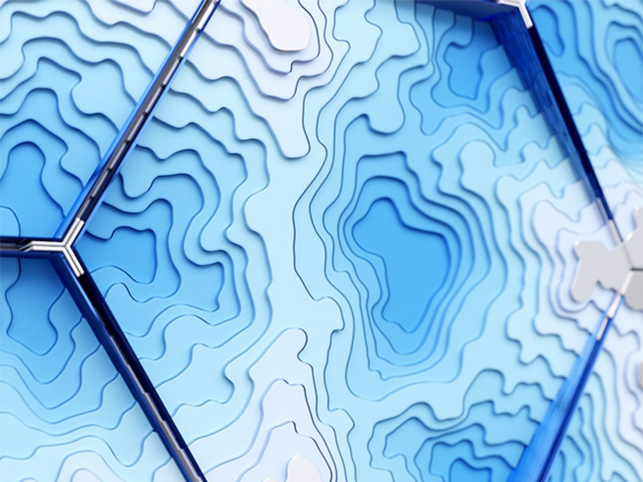 Blue abstract topographic contour design framed by a hexagonal metal outline in varying blue hues.