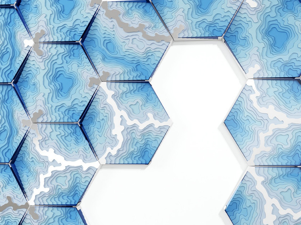 Geometric wall of blue hexagonal tiles with contour-patterned surfaces and a white hexagonal gap in the center (decorative architectural detail)