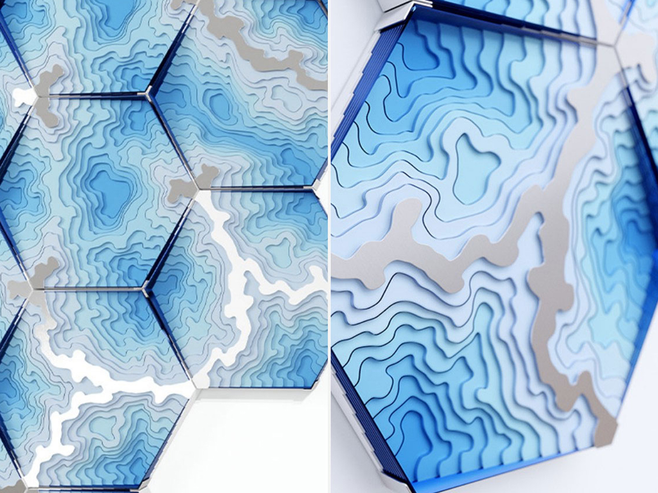 Close-up of blue hexagonal panels with layered topographic contour patterns forming a geometric wall sculpture.