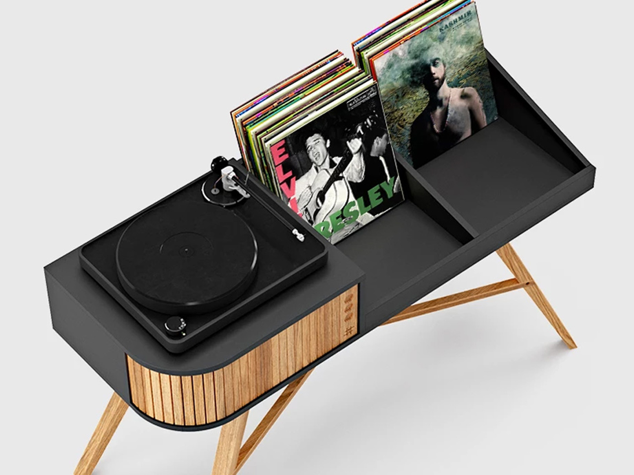 Sleek black and wood record player console with a turntable on the left and vinyl storage on the right, supported by angled wooden legs.