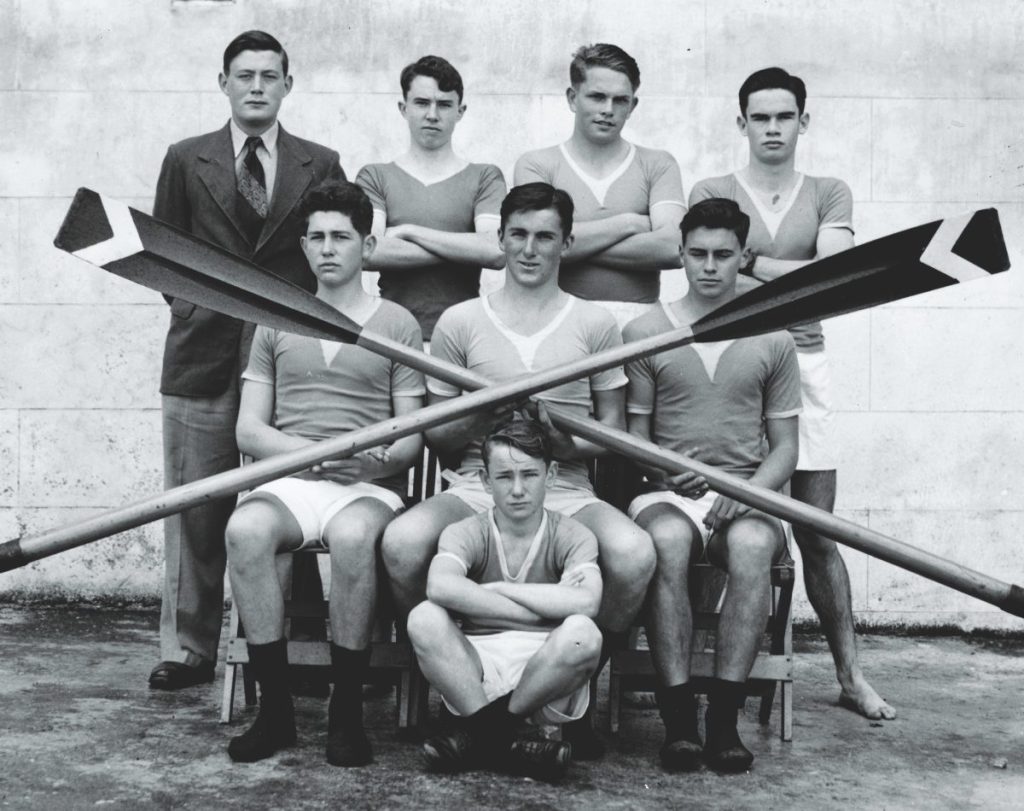 Takapuna Grammar School coxed fours team; John Chapple middle row at right; Harold Kidd back left next to coach, Peter Parr.  // Harold Kidd and supplied