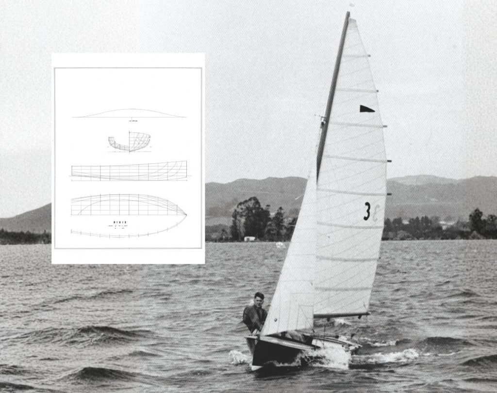 John Chapple’s lines of Dixie, a development of Glee. Dixie sailing on Lake Rotorua.  // Harold Kidd and supplied