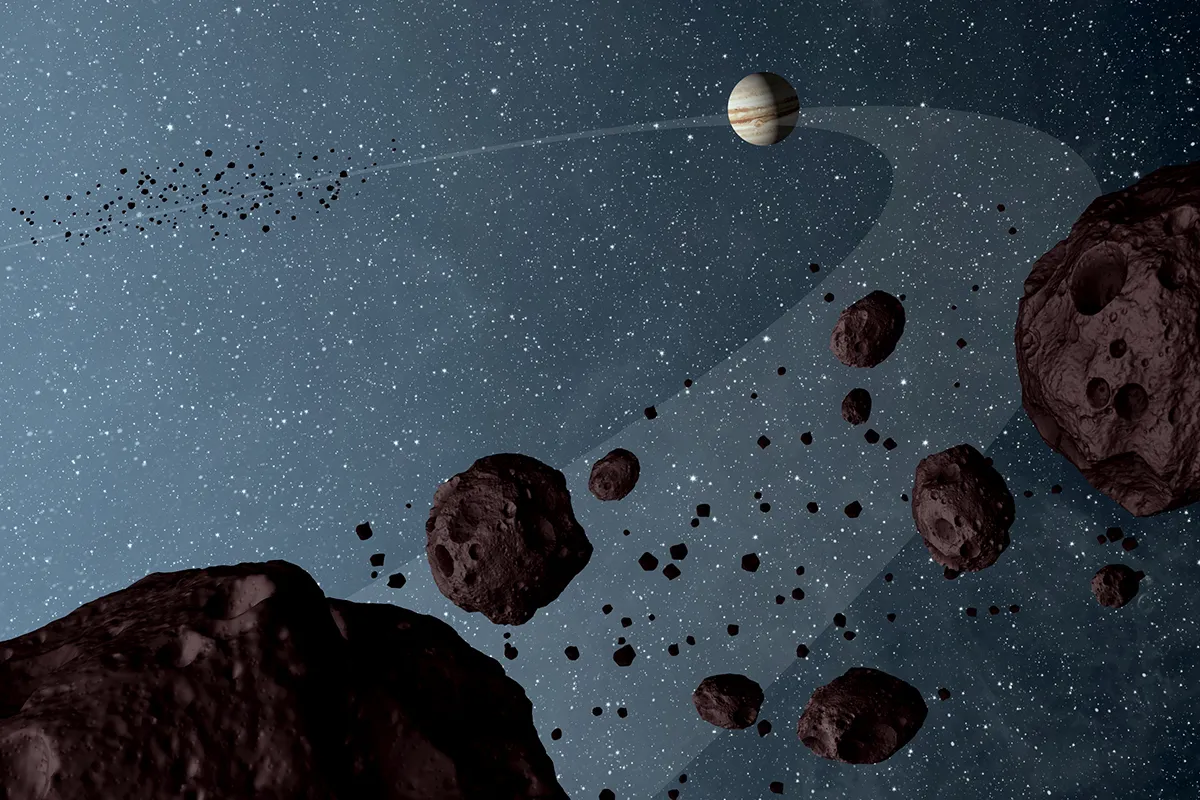 An artist's impression of the Trojan asteroids, which share the same orbital path around the Sun as gas giant Jupiter.