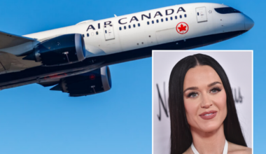 An air canada boeing 787 flying in the sky with an inset photo of katy perry