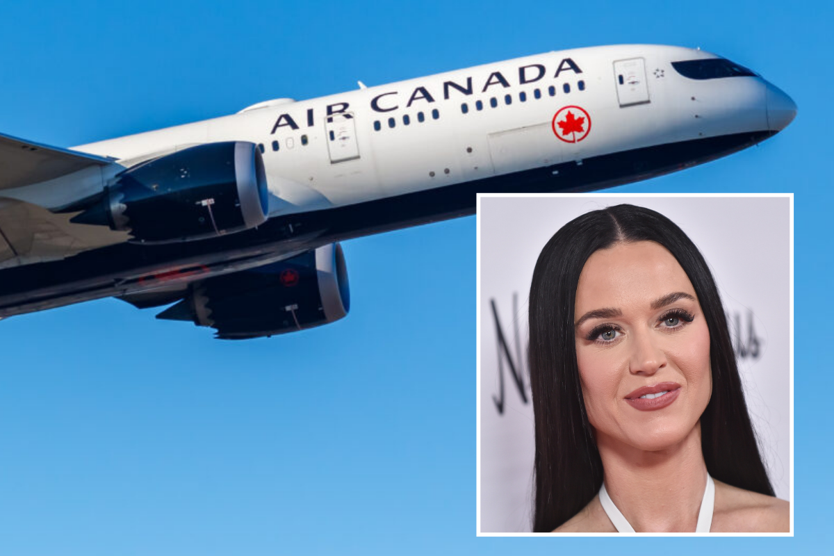 An air canada boeing 787 flying in the sky with an inset photo of katy perry