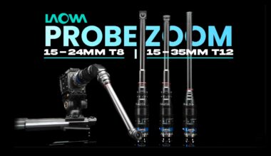 A professional camera setup with a Laowa lens on a slider is shown next to three Laowa probe and zoom lenses. Text highlights "PROBE ZOOM 15-24MM T8, 15-35MM T12" on a black background.