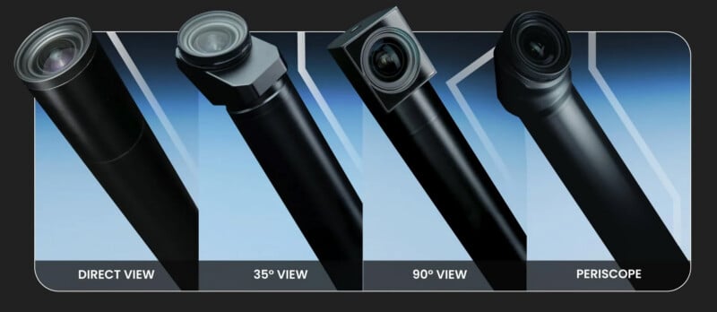Four black optical devices are shown side by side on a blue background, labeled Direct View, 35° View, 90° View, and Periscope, each featuring a different lens angle or configuration.