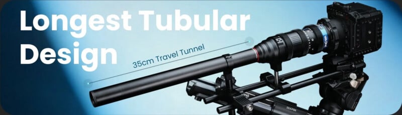 A camera setup features a long tubular lens attachment labeled "35cm Travel Tunnel" with the text "Longest Tubular Design" on a blue gradient background.