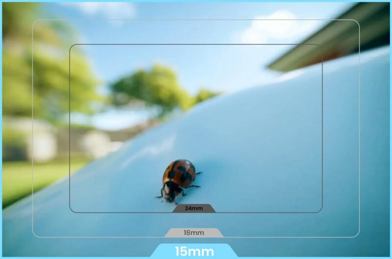 A close-up of a ladybug on a smooth white surface with a blurred outdoor background, illustrating the effect of a 15mm lens with overlays showing 18mm and 24mm crop factors.