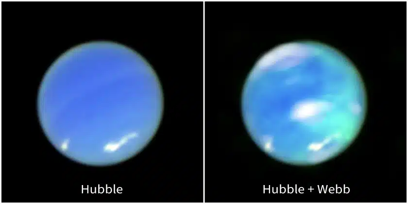 Left Enhanced Color Image Of Neptune From Hubble. Right Combined With Data From James Webb.