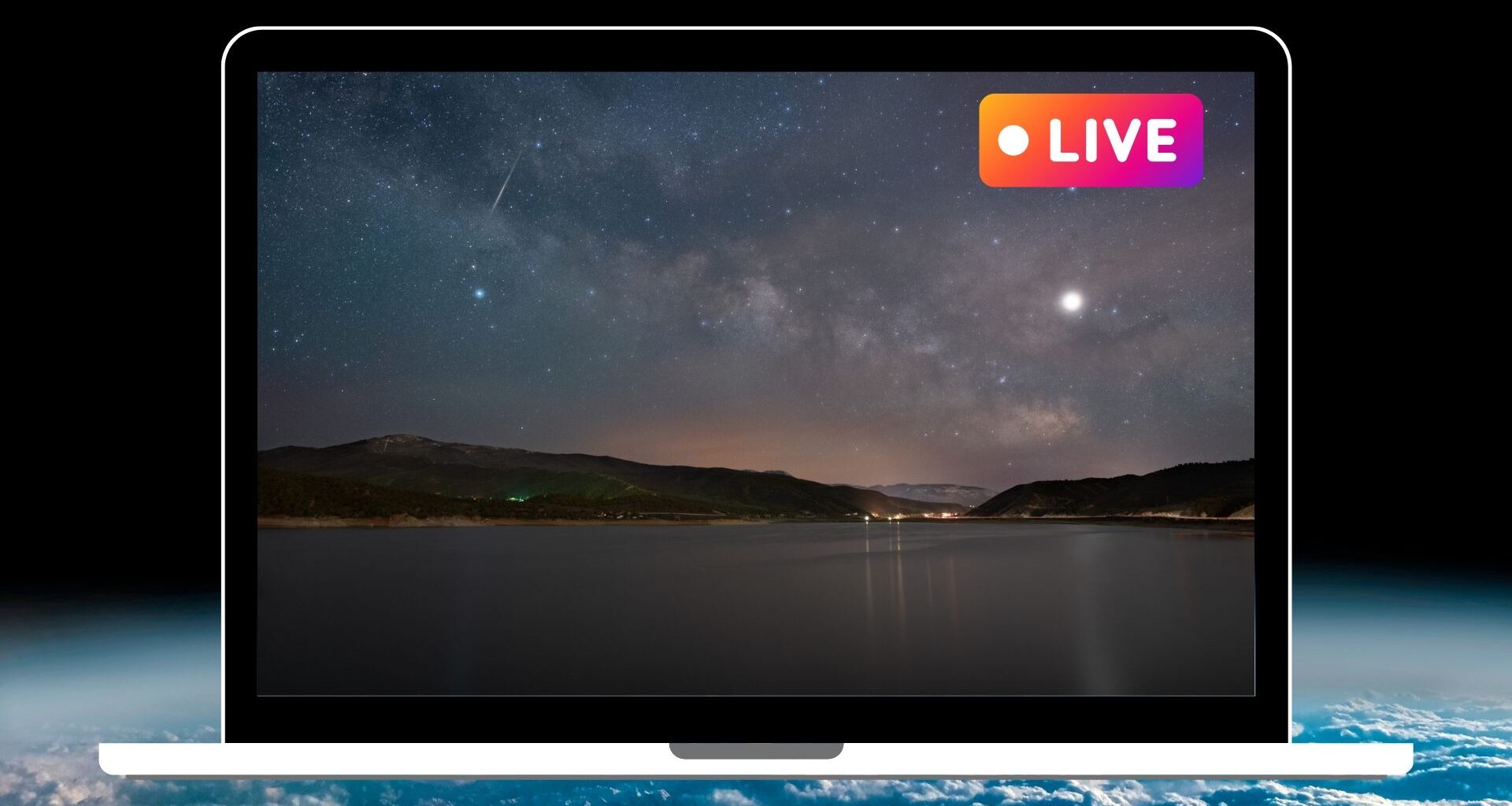 graphic showing a meteor in the sky and the milky way on a vector image of laptop screen in the top right corner is the text live.