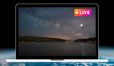 graphic showing a meteor in the sky and the milky way on a vector image of laptop screen in the top right corner is the text live.
